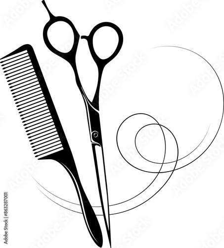 Scissors comb and beautiful curl of hair design