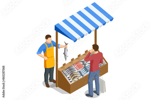 Isometric Seafood at a market. Fresh fish seller at traditional market. Street food market