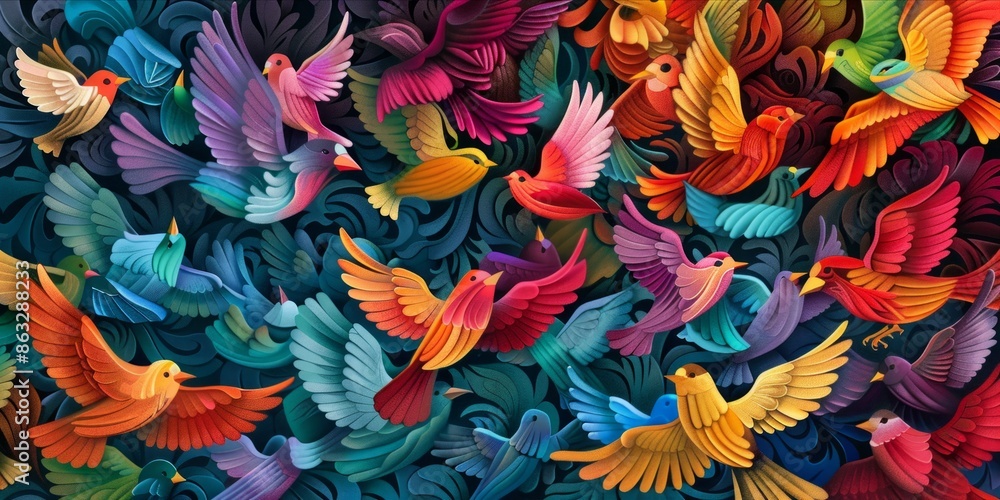 Paint a stunning digital illustration of a flock of colorful birds flying in stunning formations. Paint a stunning digital illustration of a flock of colorful birds flying in stunning formations.