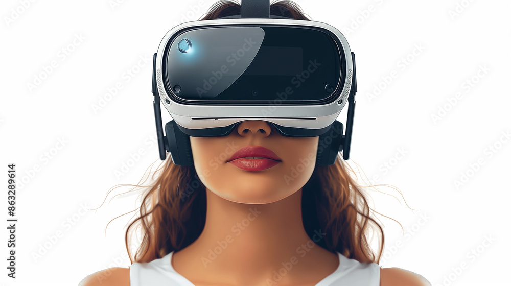 Illustration of a young woman wearing virtual reality glasses, her face looks happy and impressed. Illustration of a young woman wearing virtual reality glasses, her face looks happy and impressed.