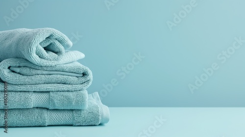 A stack of clean blue cotton towels on a blue background with copy space 