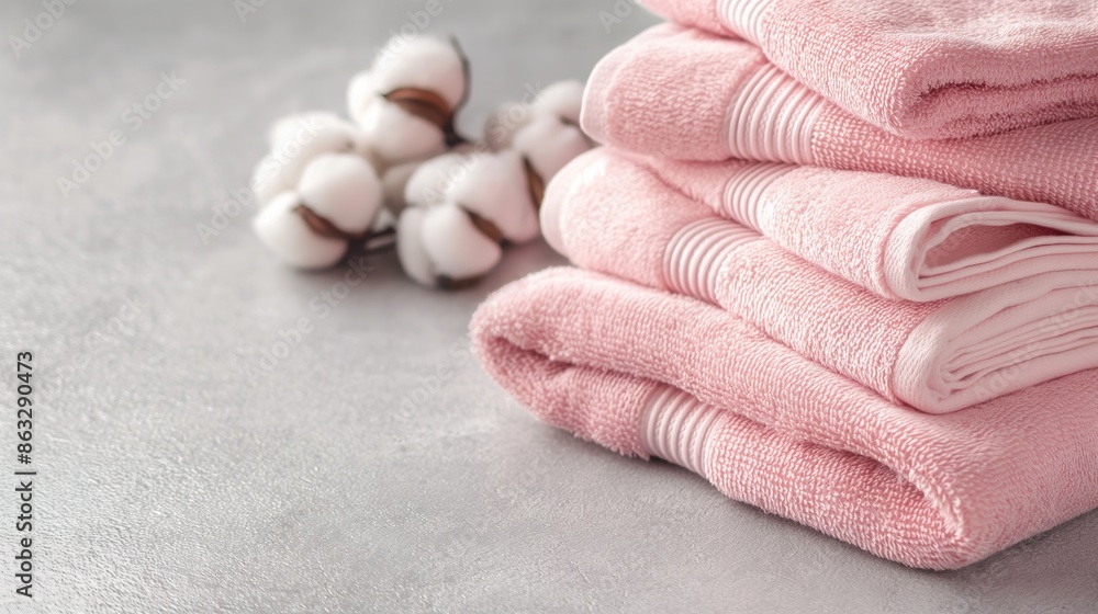 A stack of pink cotton towels and a cotton branch on a gray background with copy space A stack of pink cotton towels and a cotton branch on a gray background with copy space