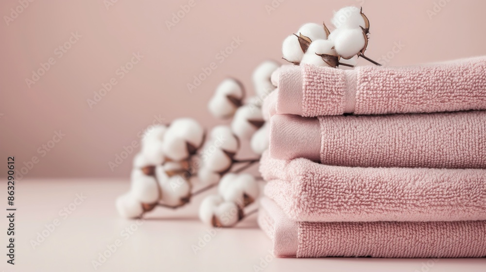A stack of pink cotton towels and a cotton branch on a pink background with copy space A stack of pink cotton towels and a cotton branch on a pink background with copy space