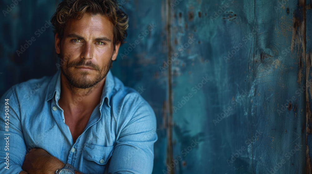 Handsome man wear blue shirt and posing in studio Handsome man wear blue shirt and posing in studio
