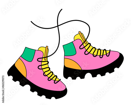 Retro Trekking Shoes. Multicolored sneakers with high soles. Bright Hiking Boots