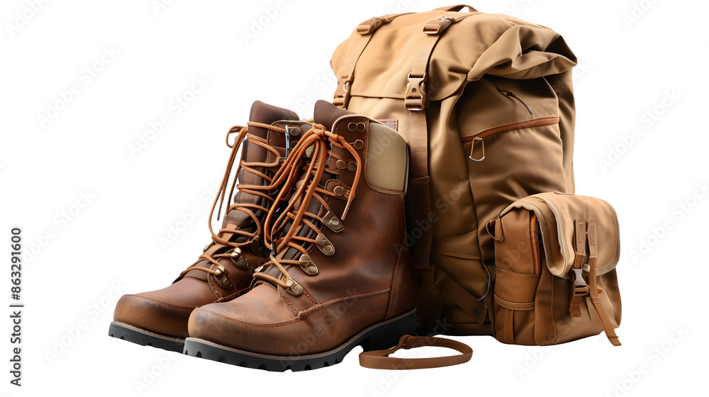 Hiking enthusiasts setup with backpack and hiking boots, PNG file, transparent background, isolated on white Hiking enthusiasts setup with backpack and hiking boots, PNG file, transparent background, isolated on white