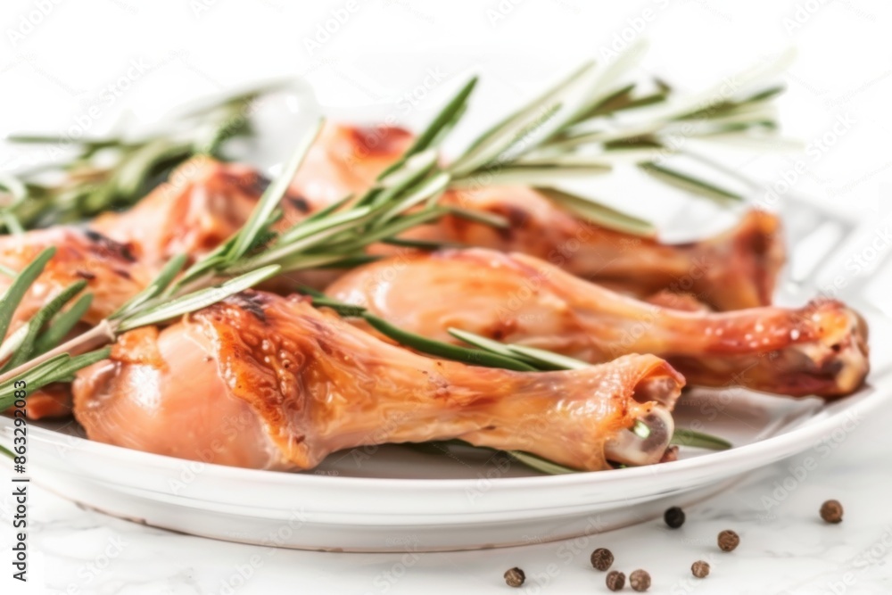 Juicy, grilled chicken drumsticks on a white plate garnished with fresh herbs. White background enhances the delicious presentation of the food. Juicy, grilled chicken drumsticks on a white plate garnished with fresh herbs. White background enhances the delicious presentation of the food.