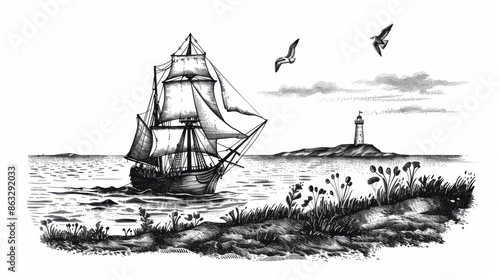 A retro hand-drawn engraving style sketch of a pirate ship sailing near a shoreline with a lighthouse in the background and birds flying overhead.