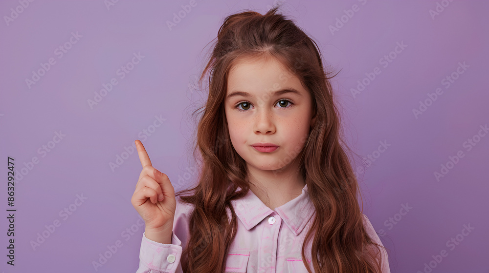 Portrait of lovely young girl point finger hair wear shirt isolated on purple color background Portrait of lovely young girl point finger hair wear shirt isolated on purple color background