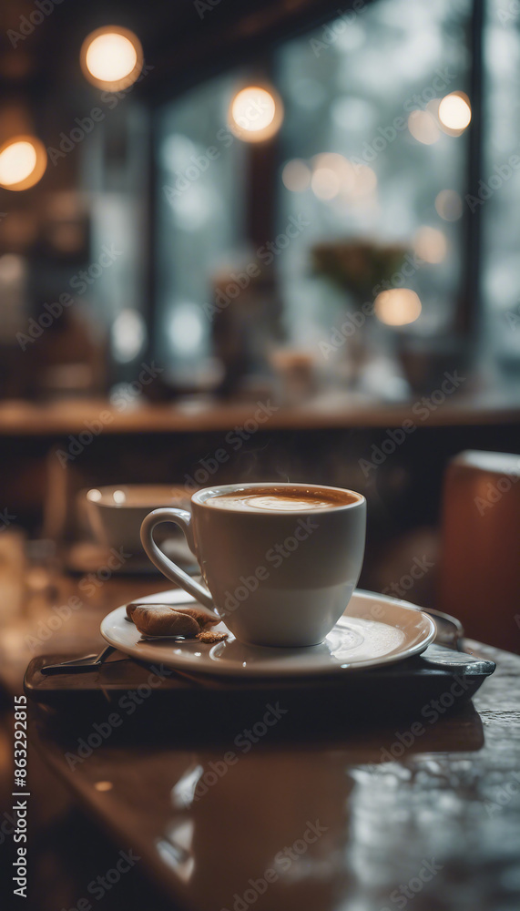 A cozy coffee shop on a rainy day with steaming mugs and p A cozy coffee shop on a rainy day with steaming mugs and p