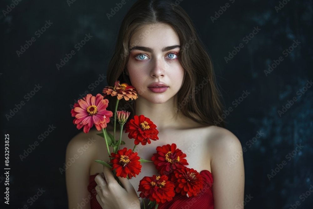 A woman wearing a bright red dress holds a bouquet of colorful flowers A woman wearing a bright red dress holds a bouquet of colorful flowers