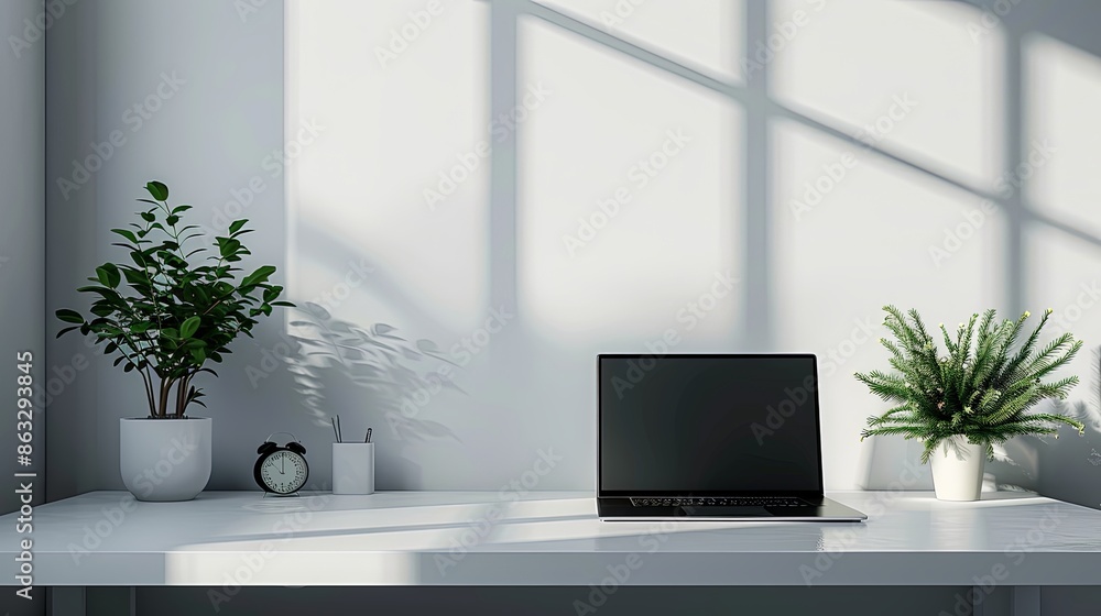 Modern Minimalist Workspace with Plants and Laptop in Bright Room Modern Minimalist Workspace with Plants and Laptop in Bright Room
