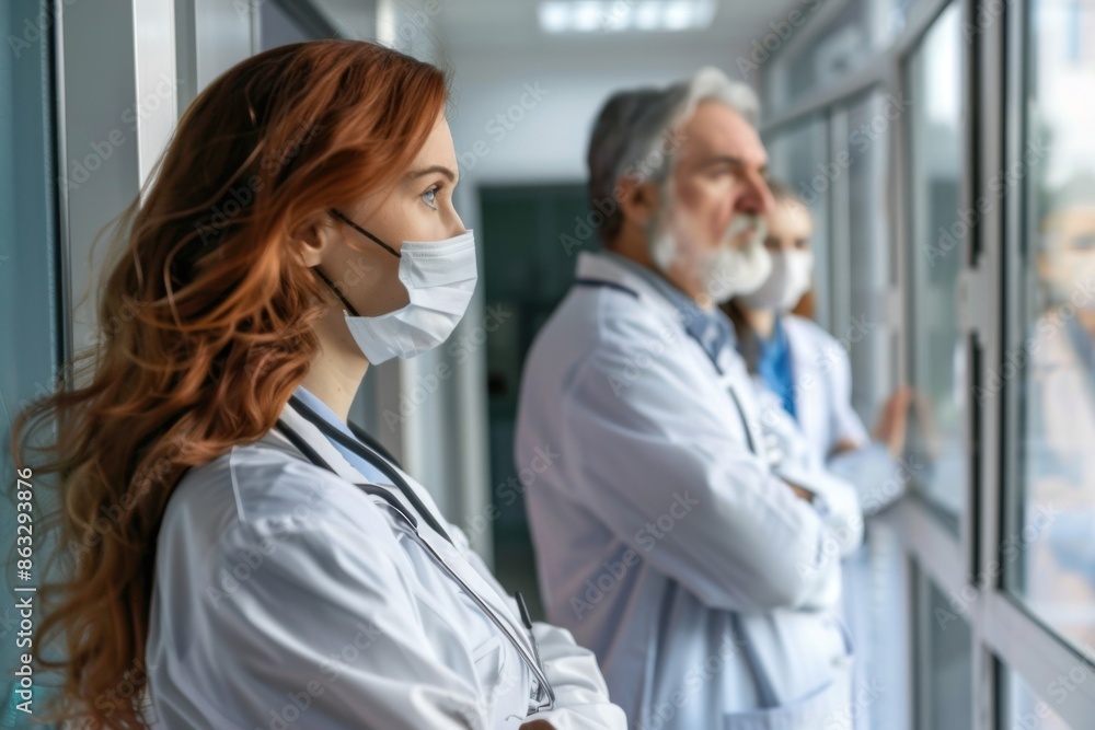 Obraz premium A team of doctors in a hospital stands together looking out of a window. They are dressed in medical attire with stethoscopes and face masks, focused on the view outside.