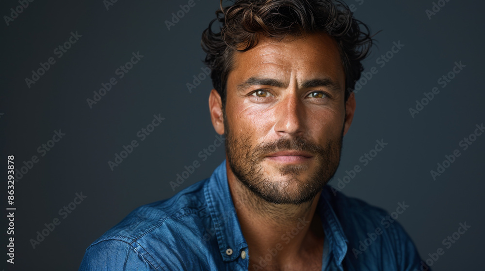 Obraz premium Handsome man wear blue shirt and posing in studio