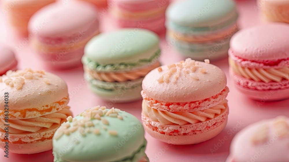 Colorful Macarons in Soft Pastel Shades on a Pink Background Colorful Macarons in Soft Pastel Shades on a Pink Background