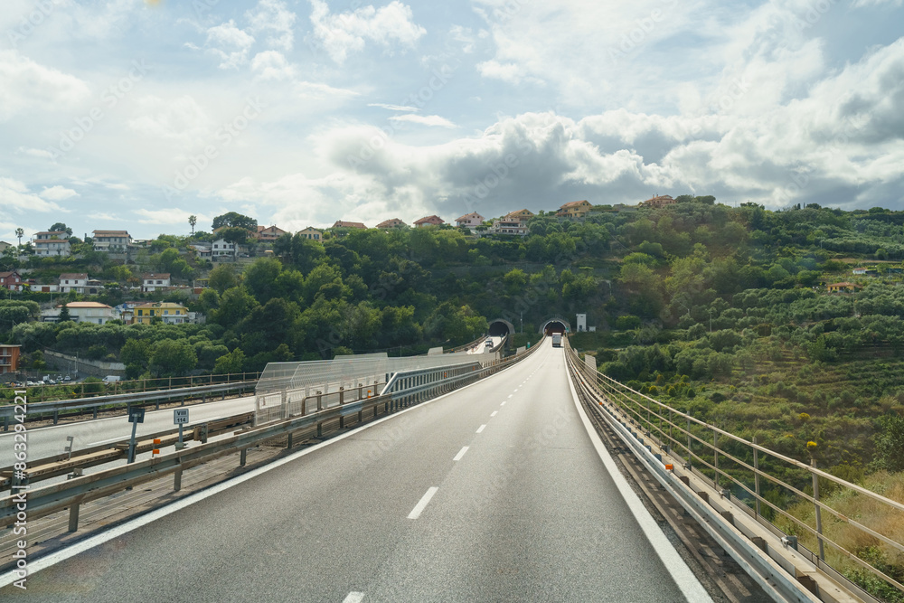 A Winding Highway Bridge Leading to a Tunnel in a Forested Area A Winding Highway Bridge Leading to a Tunnel in a Forested Area