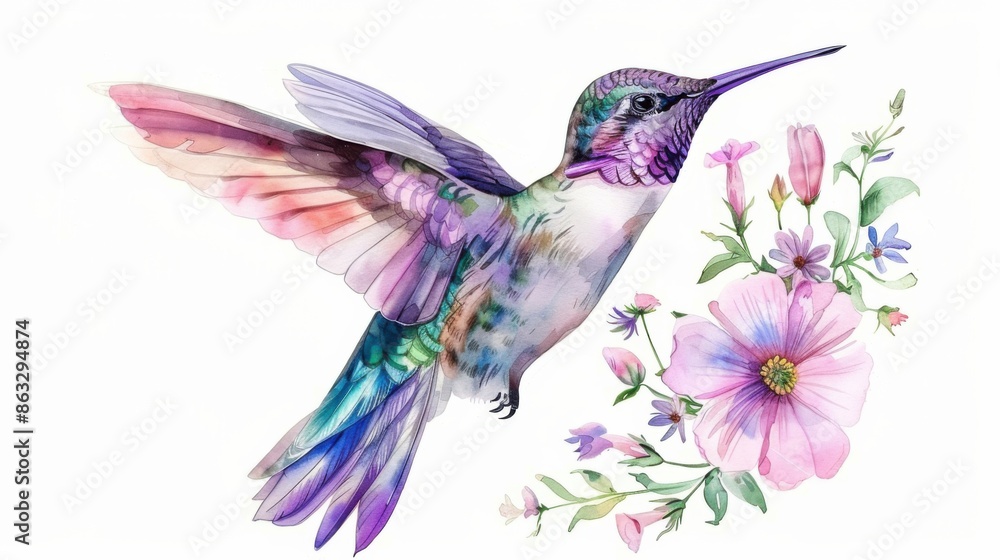 Obraz premium A vibrant watercolor illustration of a hummingbird in flight, surrounded by delicate pink and purple flowers. The artwork is colorful and ideal for graphic design.