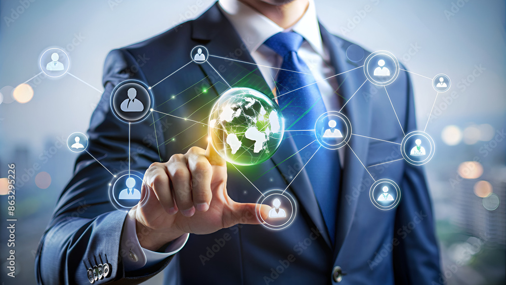 CSR: Businessman touching the CSR icon and global technological ...