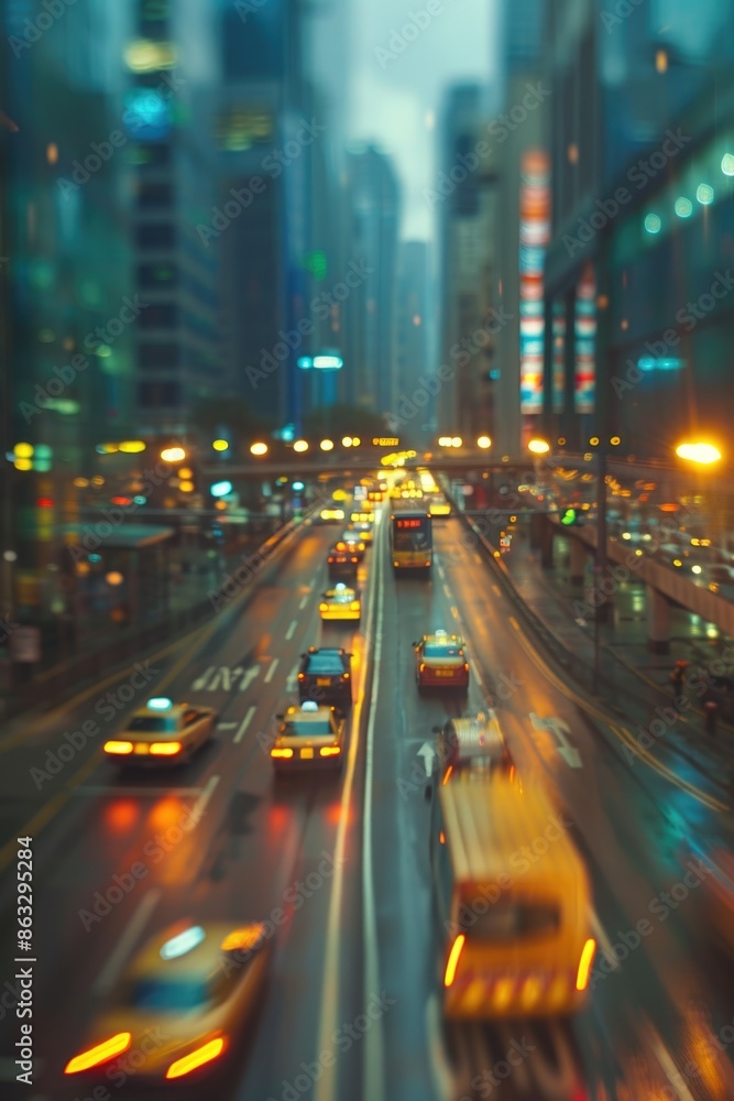 A blurry image of a bustling city street at night, great for capturing the energy and activity of urban life A blurry image of a bustling city street at night, great for capturing the energy and activity of urban life
