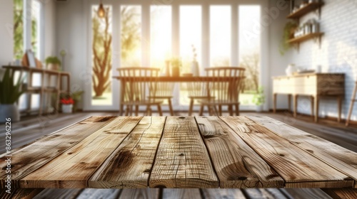 Wooden textured table top in focus against a blurred background of a sunlit kitchen with large windows and modern decor. © neatlynatly