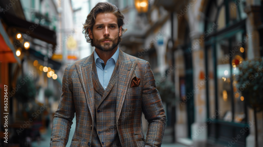 Handsome male model in checked suit walking on the street Handsome male model in checked suit walking on the street