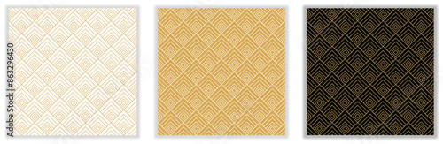 Geometric seamless abstract patterns. White black gold elegant ornamental trendy minimal repetition background.