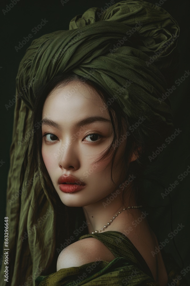 Fototapeta premium A woman wearing a distinctive green turban, possibly cultural or traditional attire
