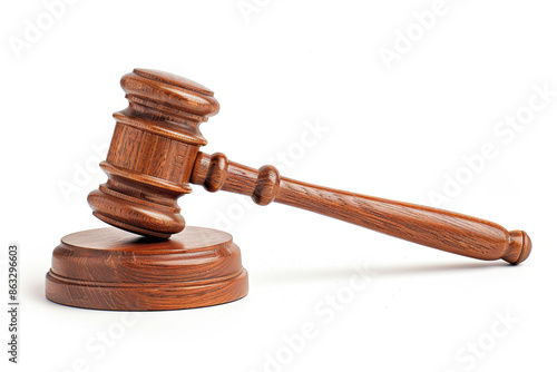 Wooden judge's gavel on white background. Justice, law and authority symbol. Legal services, court-related articles and judicial concepts.