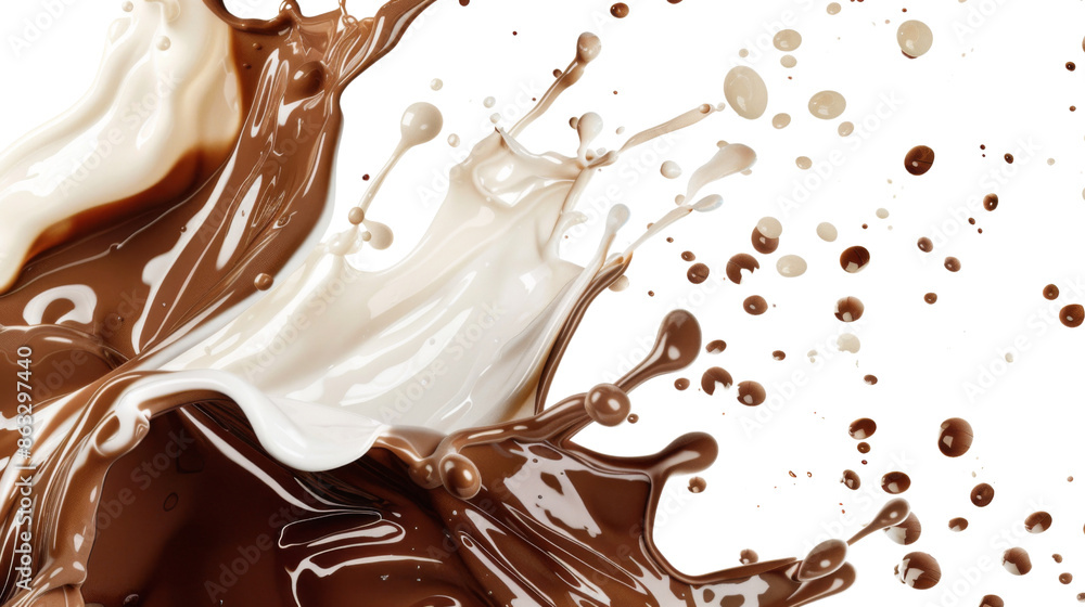 Milk, coffee, chocolate splashes on white background Milk, coffee, chocolate splashes on white background
