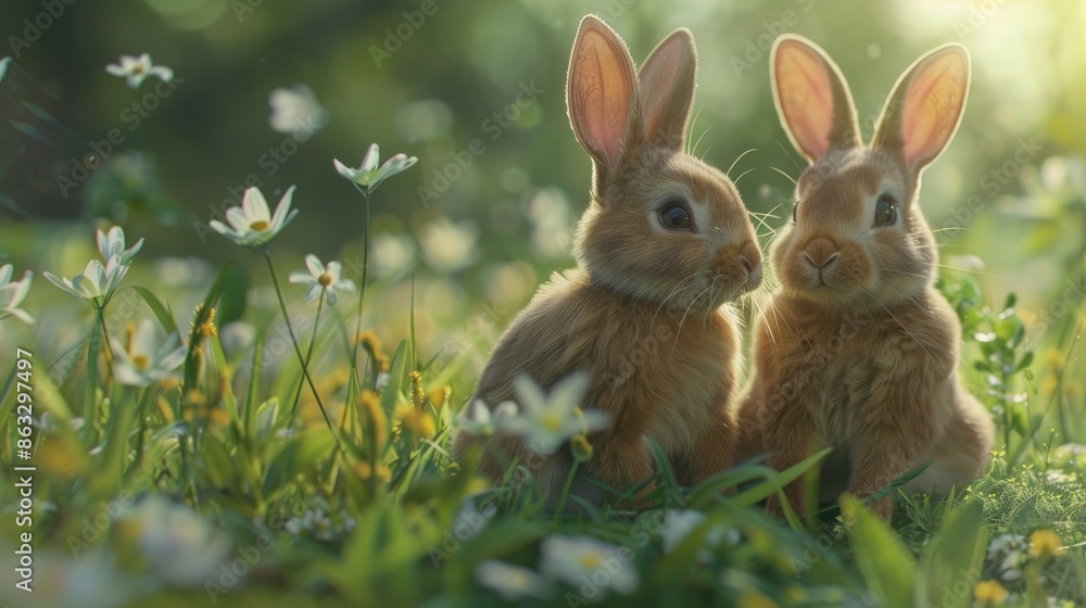 Adorable bunnies seated and gazing at something in the meadow Adorable bunnies seated and gazing at something in the meadow