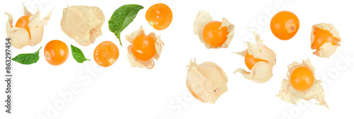 Cape gooseberry or physalis isolated on white background. Top view with copy space for your text. Flat lay photo