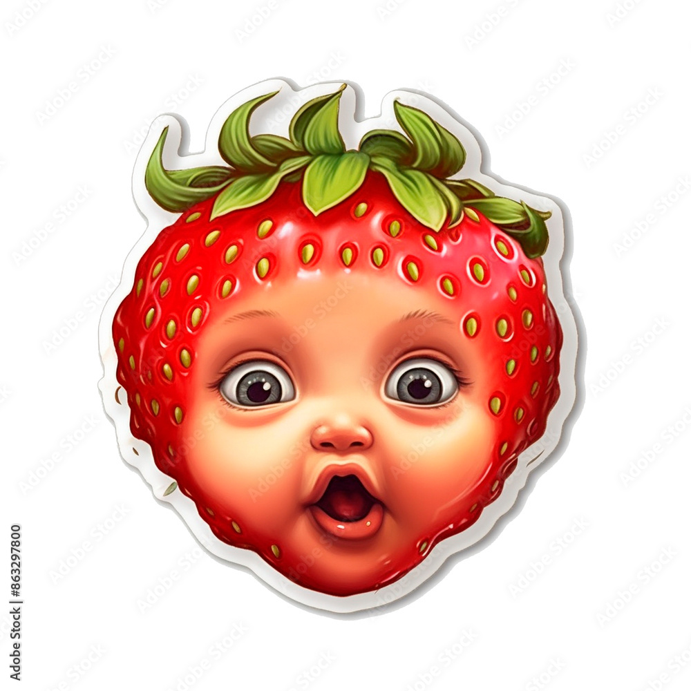 Obraz premium Strawberry Fruit Image with Child's Face, for Stickers, T-shirt Print, Cap, Mug, Slippers, Mousepad, with Transparent Background PNG