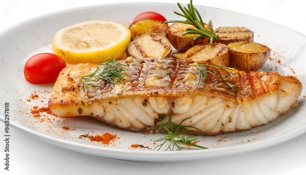 Baked or fried salmon with lemon and spices on white background Baked or fried salmon with lemon and spices on white background