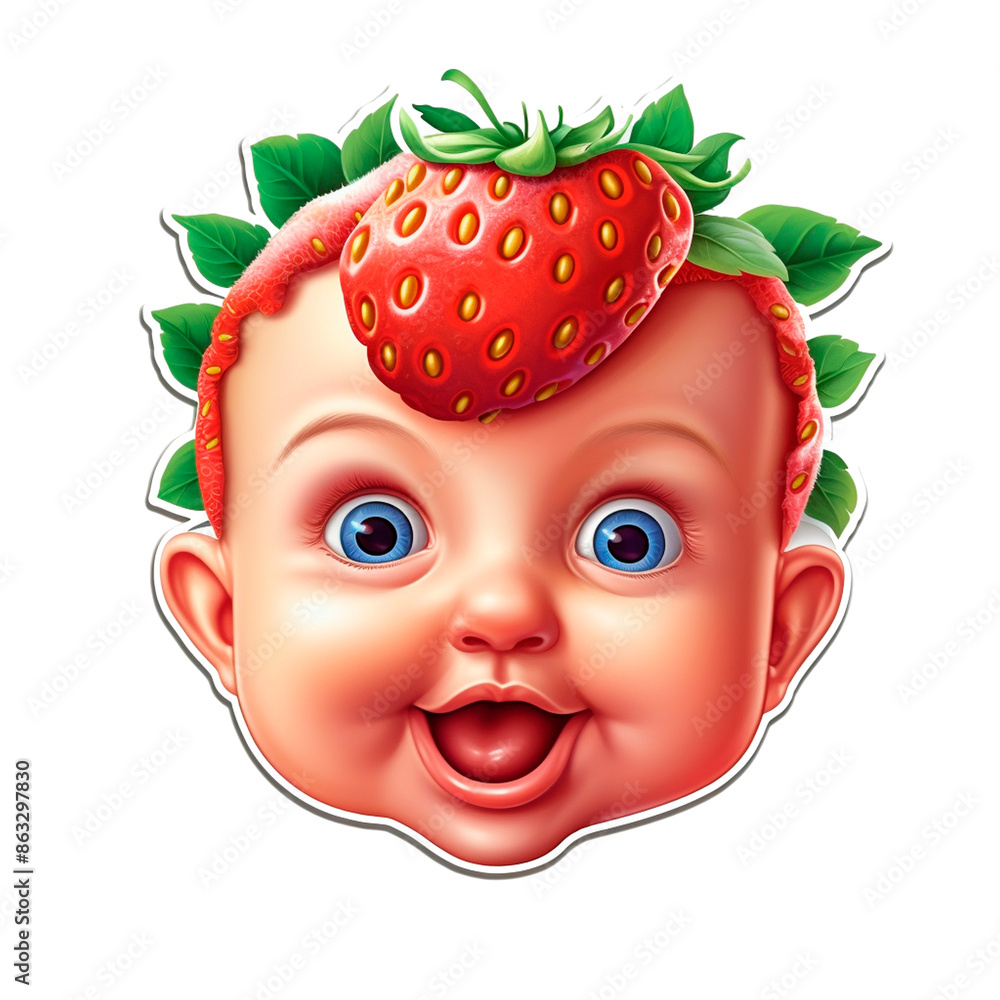 Fototapeta premium Strawberry Fruit Image with Child's Face, for Stickers, T-shirt Print, Cap, Mug, Slippers, Mousepad, with Transparent Background PNG