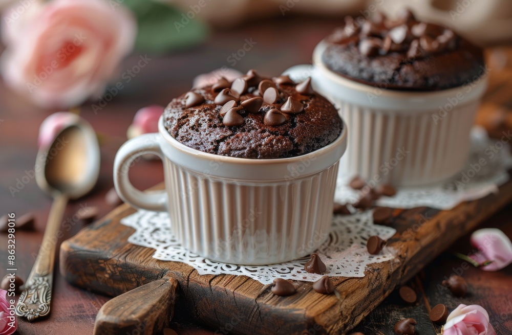 Chocolate Mug Cakes on Wooden Cutting Board With Lace Doily Chocolate Mug Cakes on Wooden Cutting Board With Lace Doily
