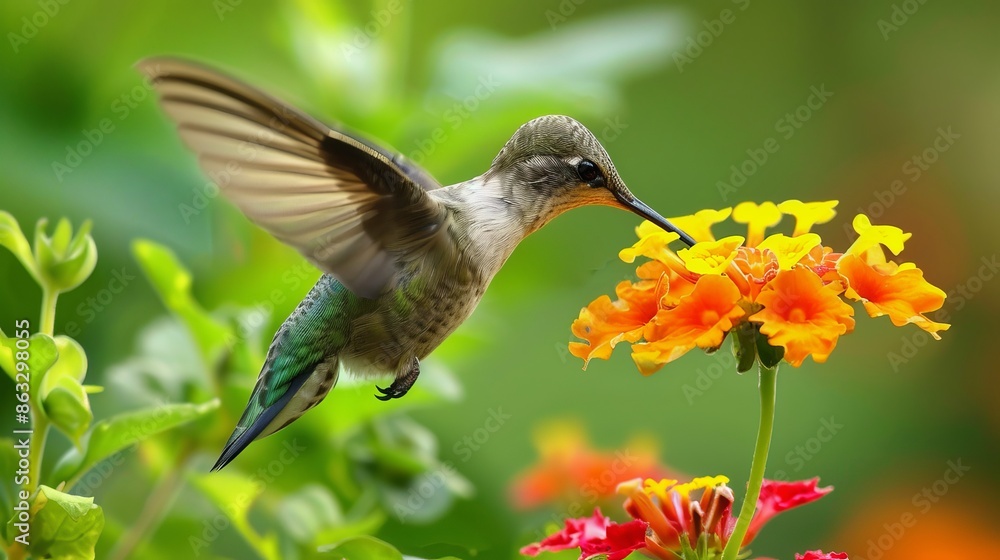 A baby hummingbird drinks nectar from a flower in Ontario, Canada A baby hummingbird drinks nectar from a flower in Ontario, Canada