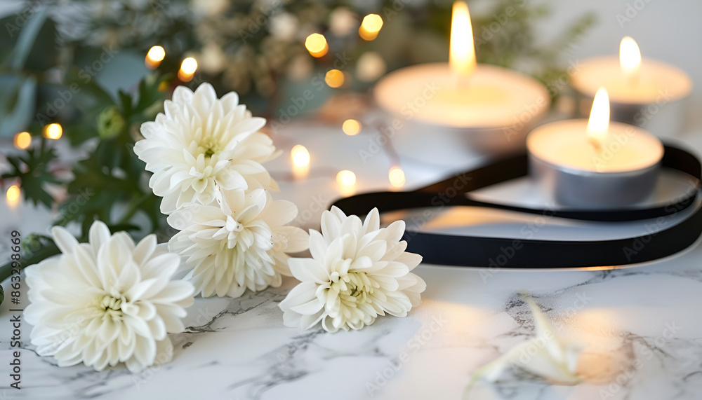 Chrysanthemum flowers with black funeral ribbon and burning candles on light background, closeup Chrysanthemum flowers with black funeral ribbon and burning candles on light background, closeup