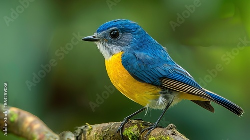 A blue bird with a yellow chest and white eyebrows sits on a branch. Its side feathers can be seen clearly against the blurry green background. This bird is called the Snowy-browed Flycatcher photo