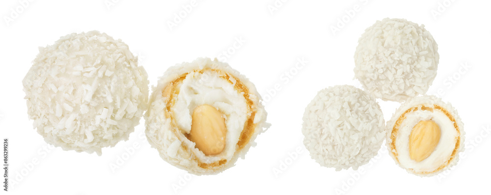 round candy raffaello with coconut flakes and nut isolated on white background. Top view. Flat lay. round candy raffaello with coconut flakes and nut isolated on white background. Top view. Flat lay.