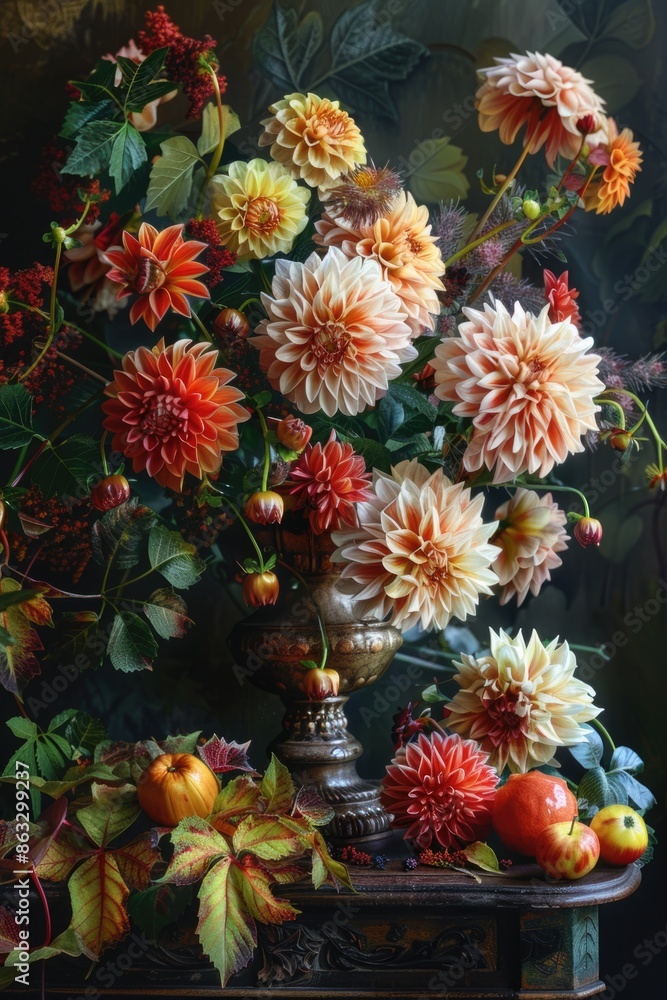 A still life image featuring various flowers and fruits arranged on a table A still life image featuring various flowers and fruits arranged on a table