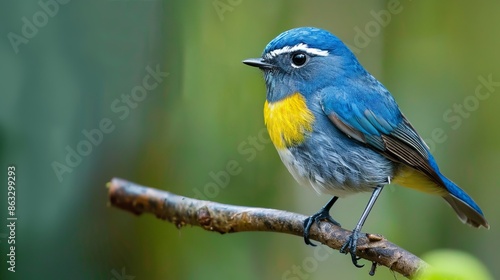 A blue bird with a yellow chest and white eyebrows sits on a branch. Its side feathers can be seen clearly against the blurry green background. This bird is called the Snowy-browed Flycatcher © Nijat