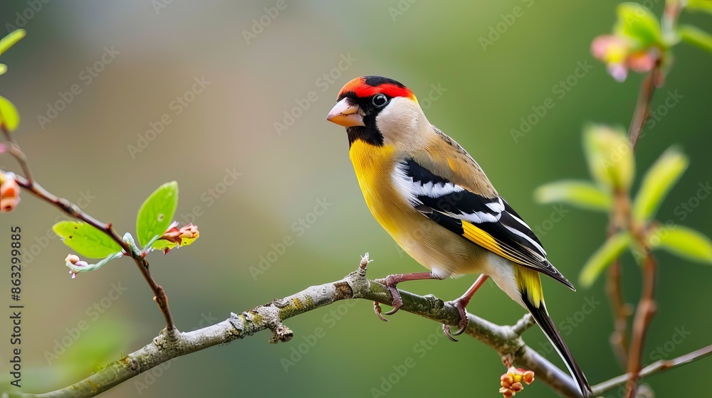 A lovely male Lugano goldfinch with striking yellow feathers perches on a delicate branch in the woods A lovely male Lugano goldfinch with striking yellow feathers perches on a delicate branch in the woods