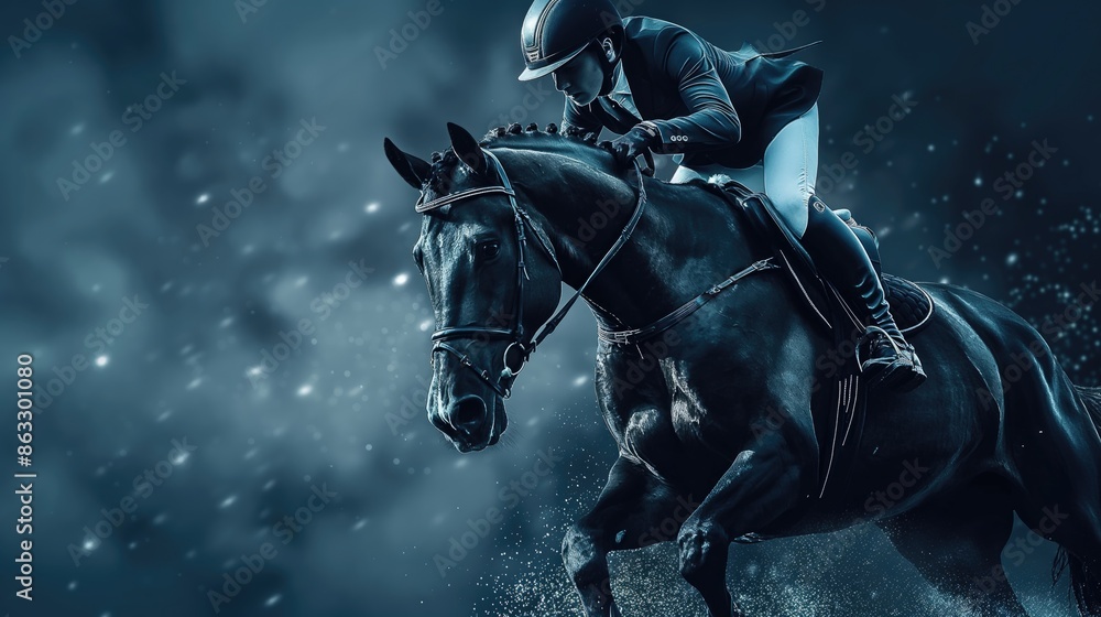 Fototapeta premium The rider on the black horse is engaged in equestrian sports. Sport content