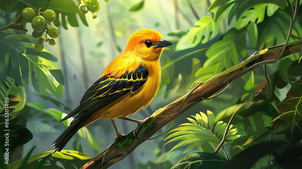 A lovely yellow bird with black wings perches on a branch amidst lush greenery A lovely yellow bird with black wings perches on a branch amidst lush greenery