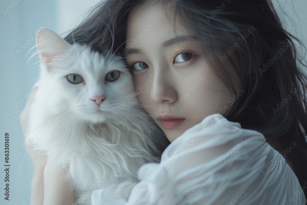 A woman gently holds a white cat in her arms A woman gently holds a white cat in her arms