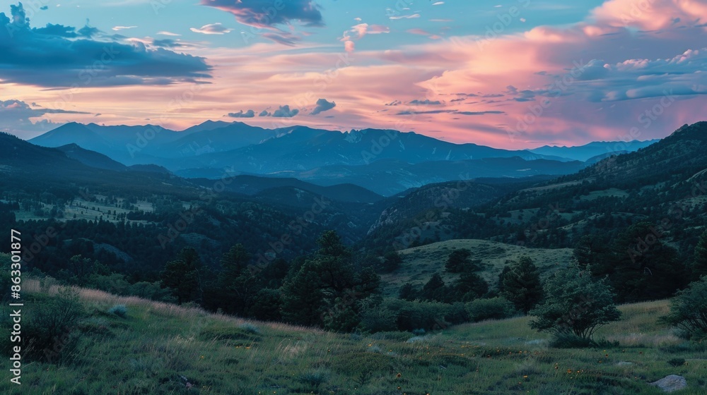 A picturesque scene of a mountain range during sunset, with warm hues and serene atmosphere A picturesque scene of a mountain range during sunset, with warm hues and serene atmosphere