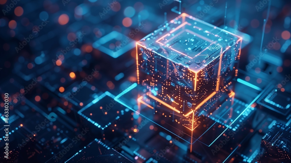 Obraz premium Cube technology on Converging point of circuit with Abstract blue background. Blockchain Network System. Big data storage processing, Cloud data, Internet Security, and Digital Technology. 3D render