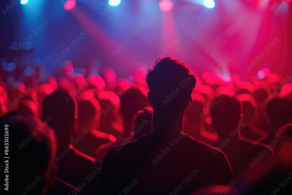 A person standing in the middle of a crowded concert area, with music lovers surrounding him