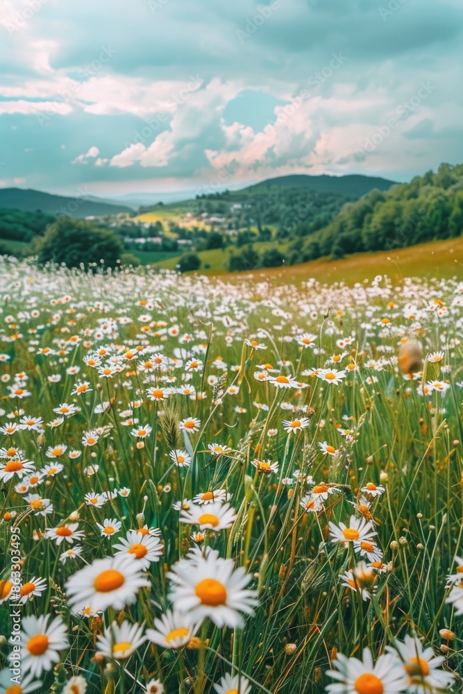 Obraz premium A beautiful field filled with bright yellow sunflowers and vibrant orange marigolds