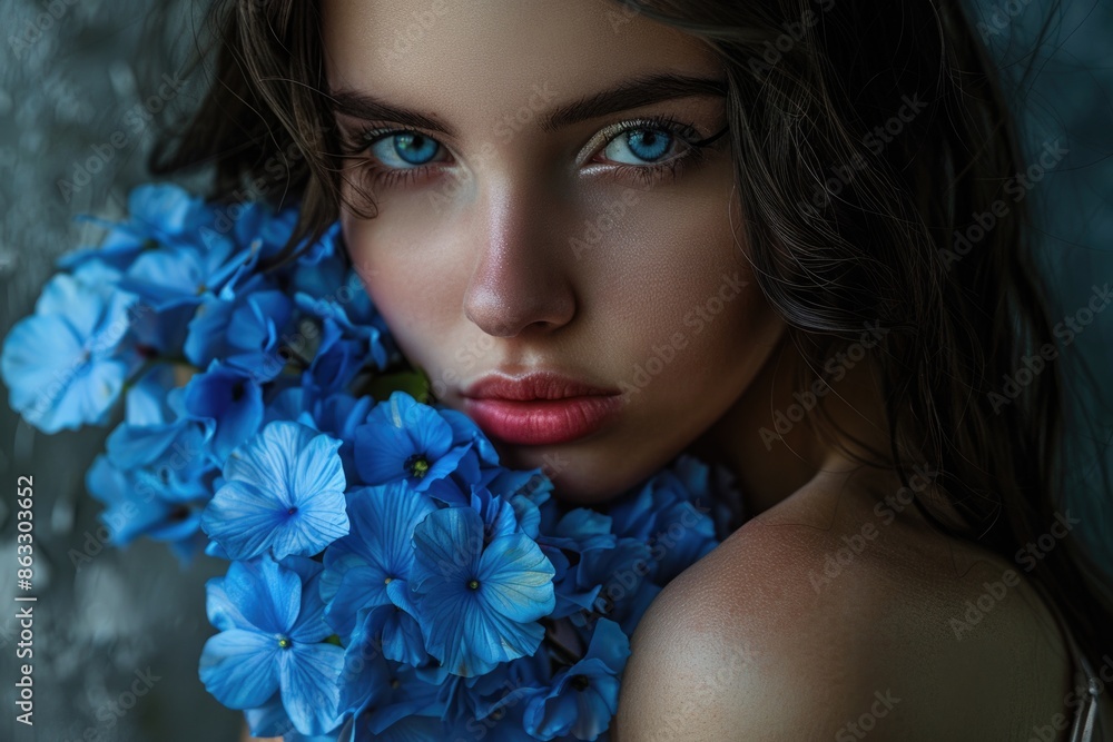 A woman wearing a necklace of blue flowers A woman wearing a necklace of blue flowers